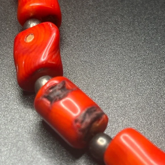 Vintage Chunky Red Bead Necklace | natural stone Tribal Style | Silver Tone - Picture 7 of 10